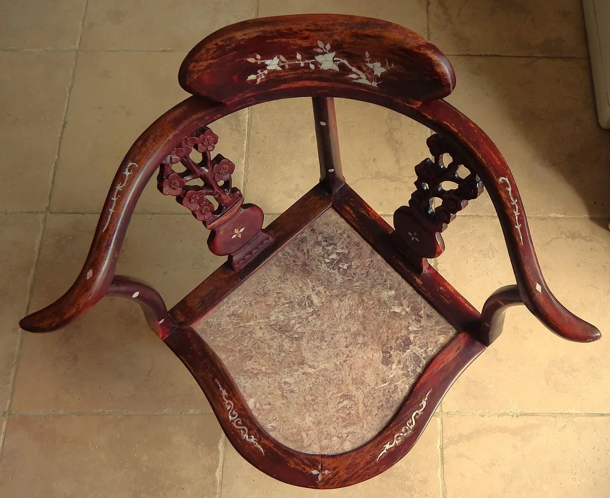 Vintage Chinese Corner Chair with Marble Seat - Image 4