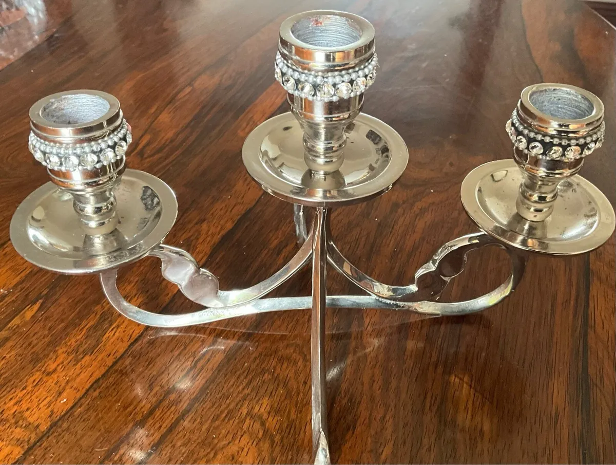 Beautiful Chrome Candelabra with Rhinestone Decora - Image 4