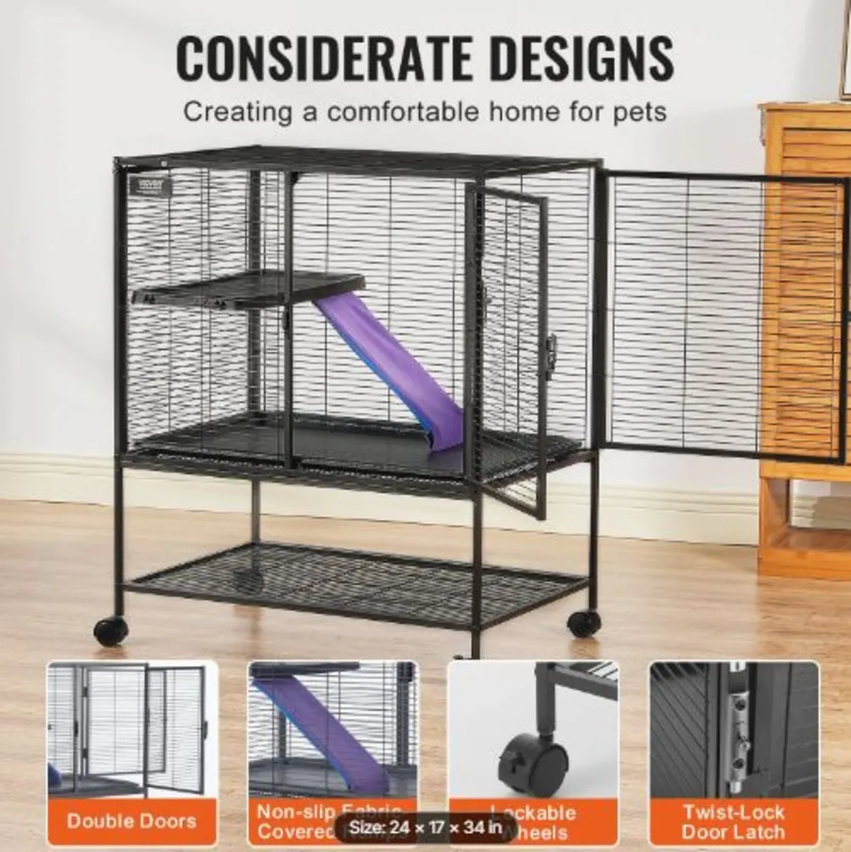 34" Rolling Metal Ferret Cage, Large 2-Tier - Image 4