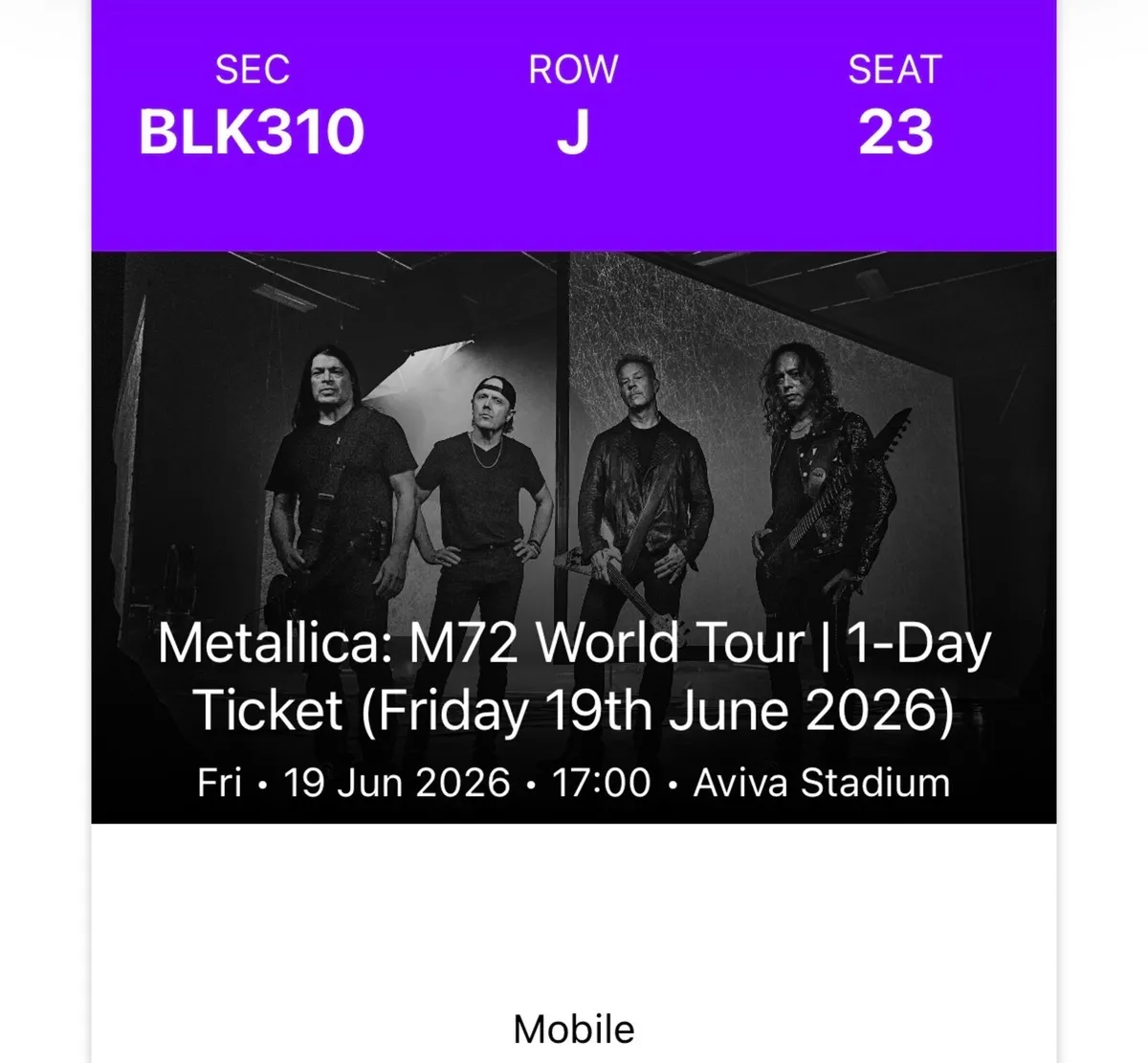 Metallica Ticket for sale Friday 19/06/26