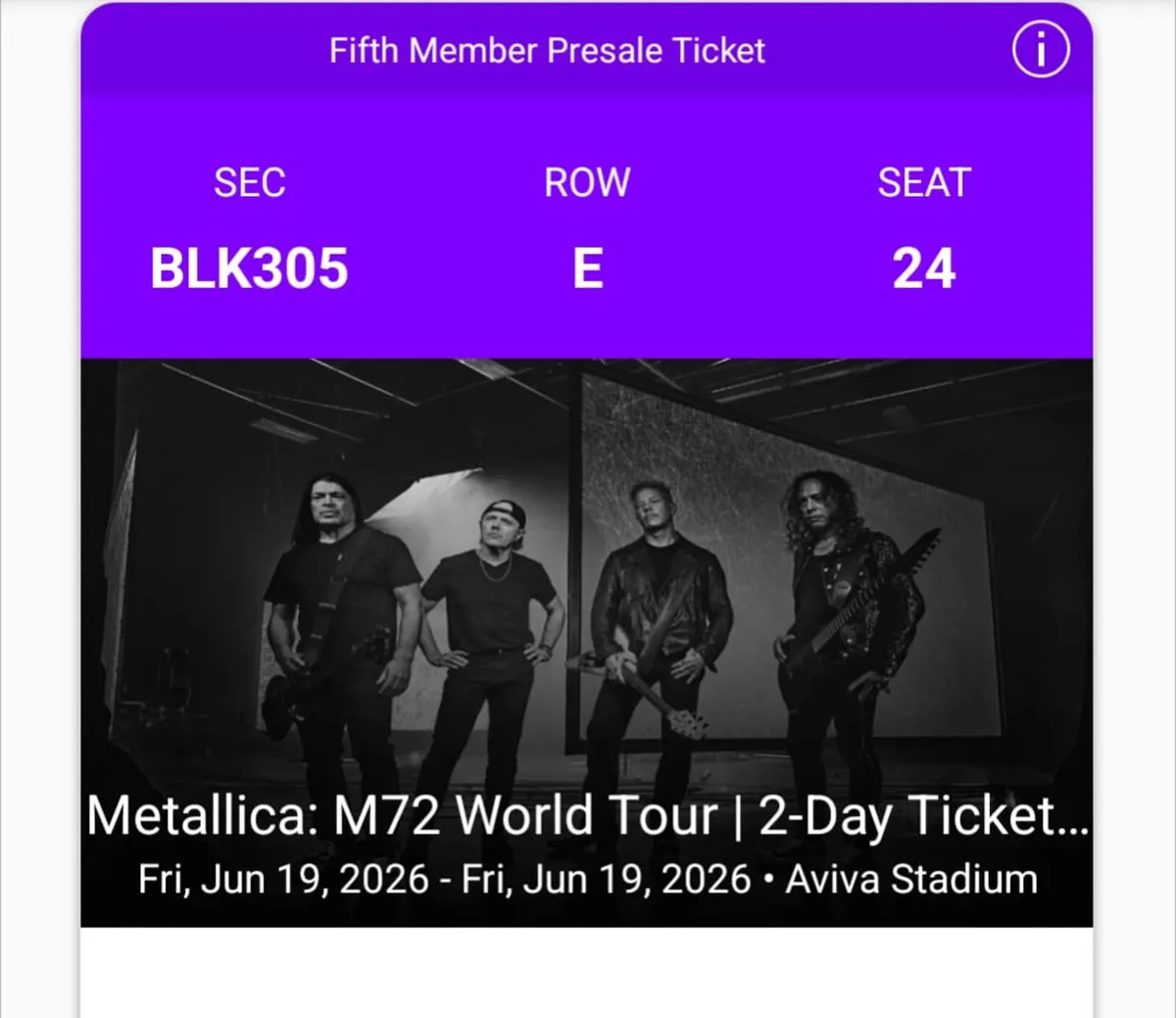 1 x Metallica 2-day SEATED ticket Aviva Stadium - Image 1