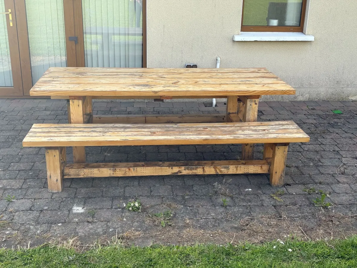 Large solid wood table and benches - Image 2