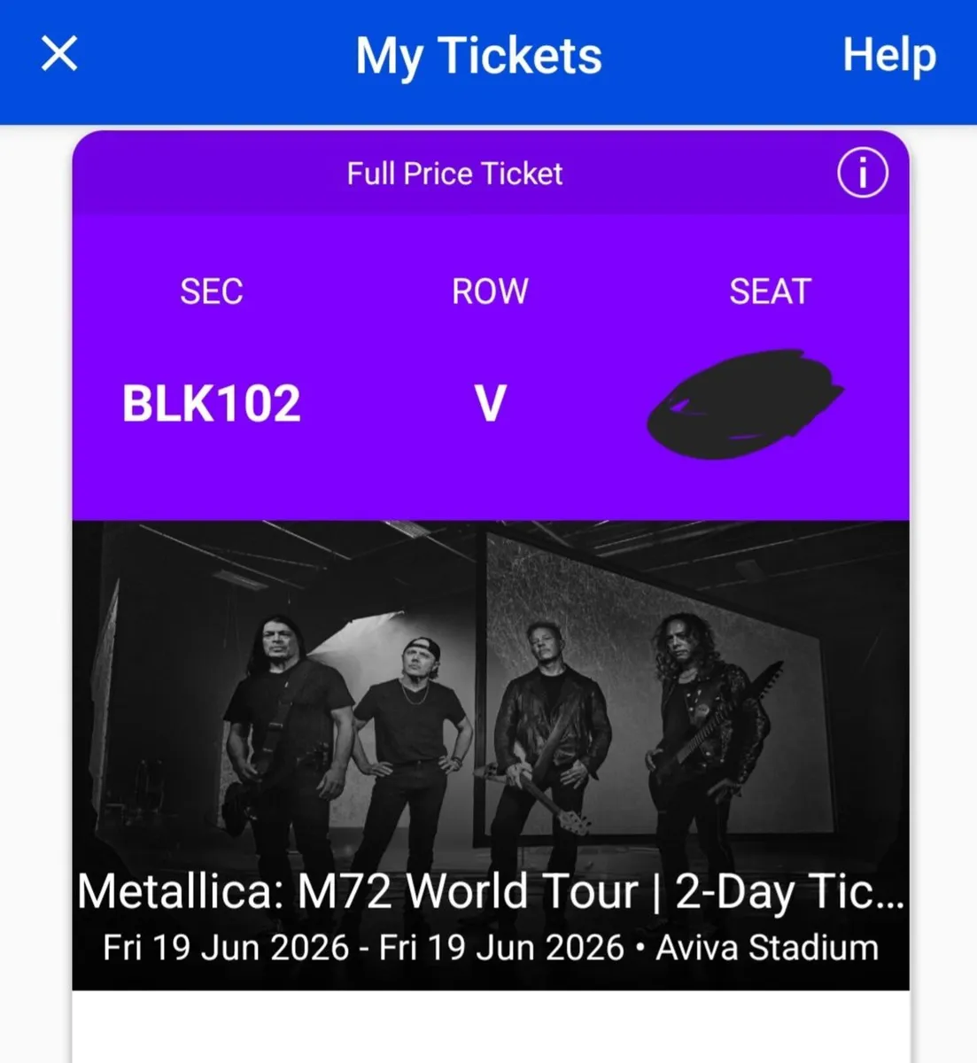 Metallica Ticket Seated