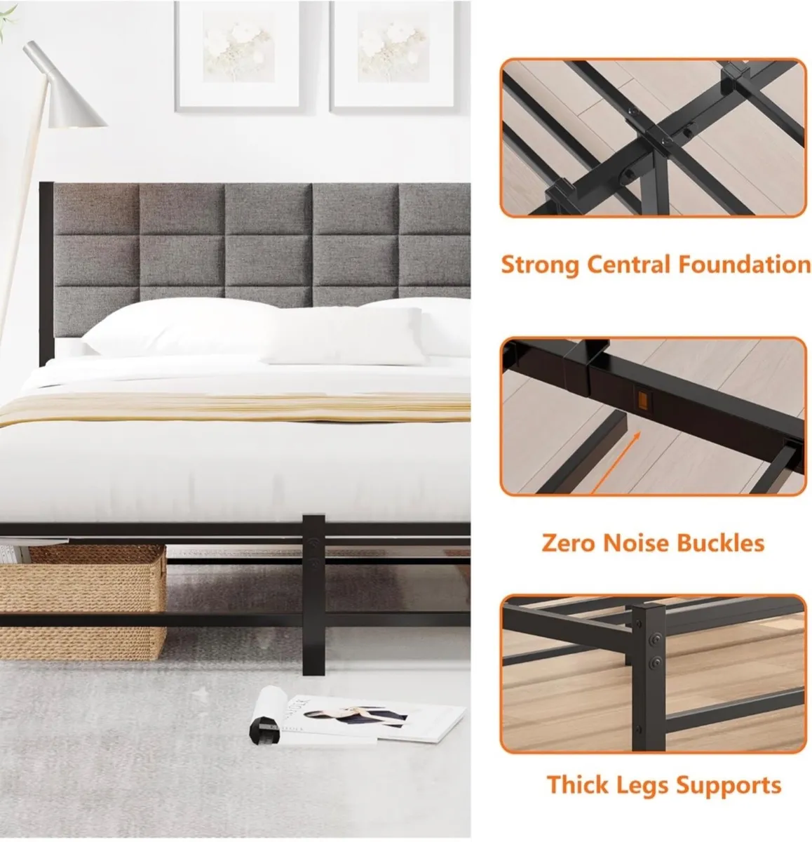Double Bed Frame Upholstered Platform Bed with Hea - Image 4