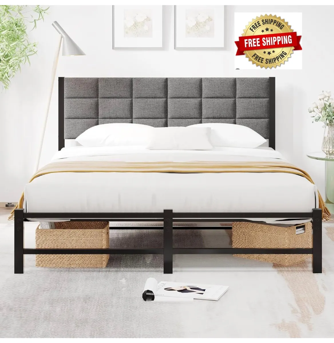 Double Bed Frame Upholstered Platform Bed with Hea - Image 1