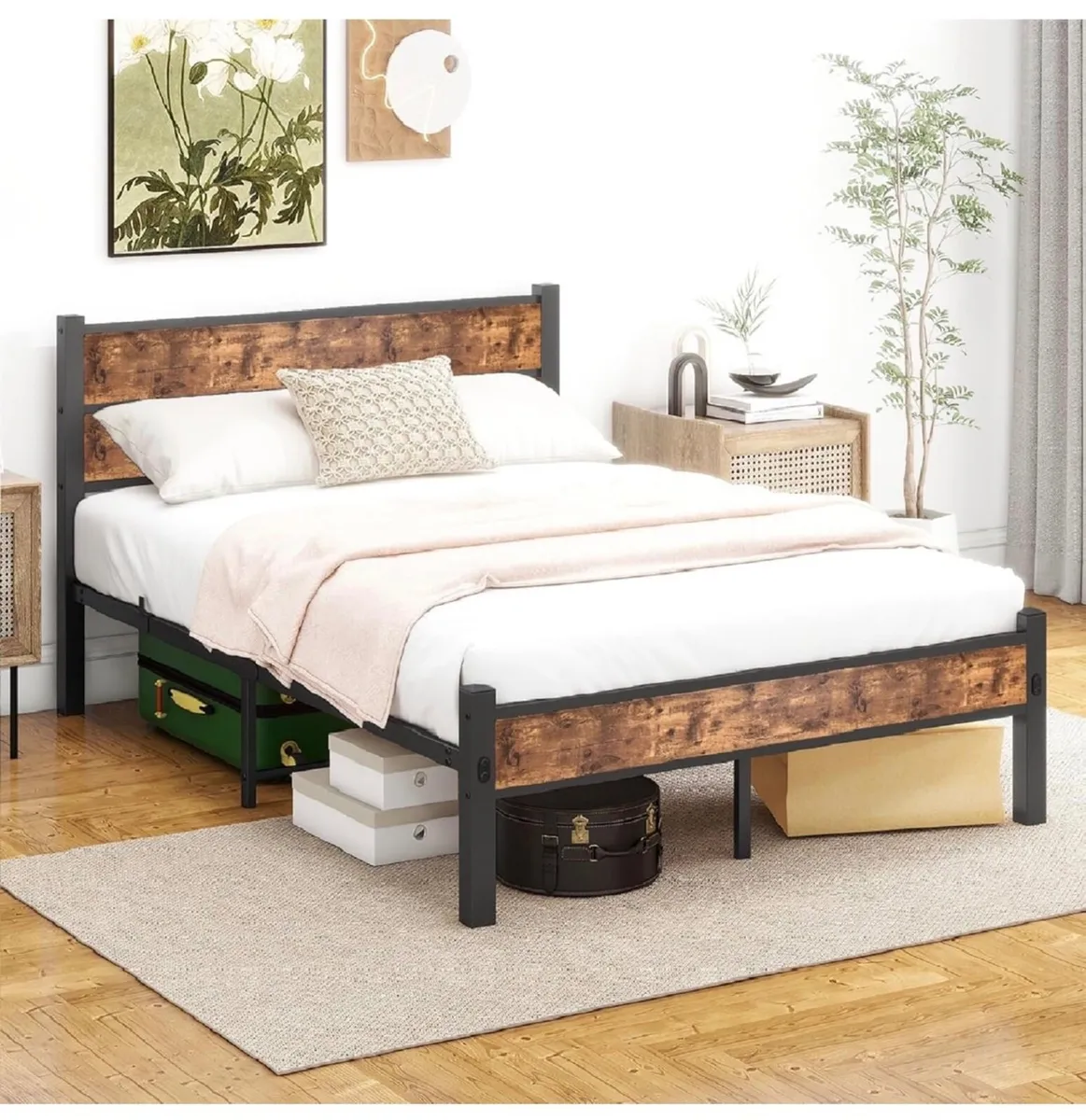 Double Bed Frame with Retro Wooden Headboard – 11" - Image 1
