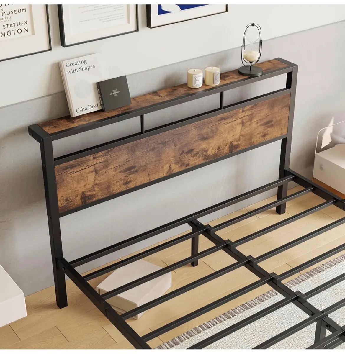 Double Bed Frame with Wooden Storage Shelf Headboa - Image 4