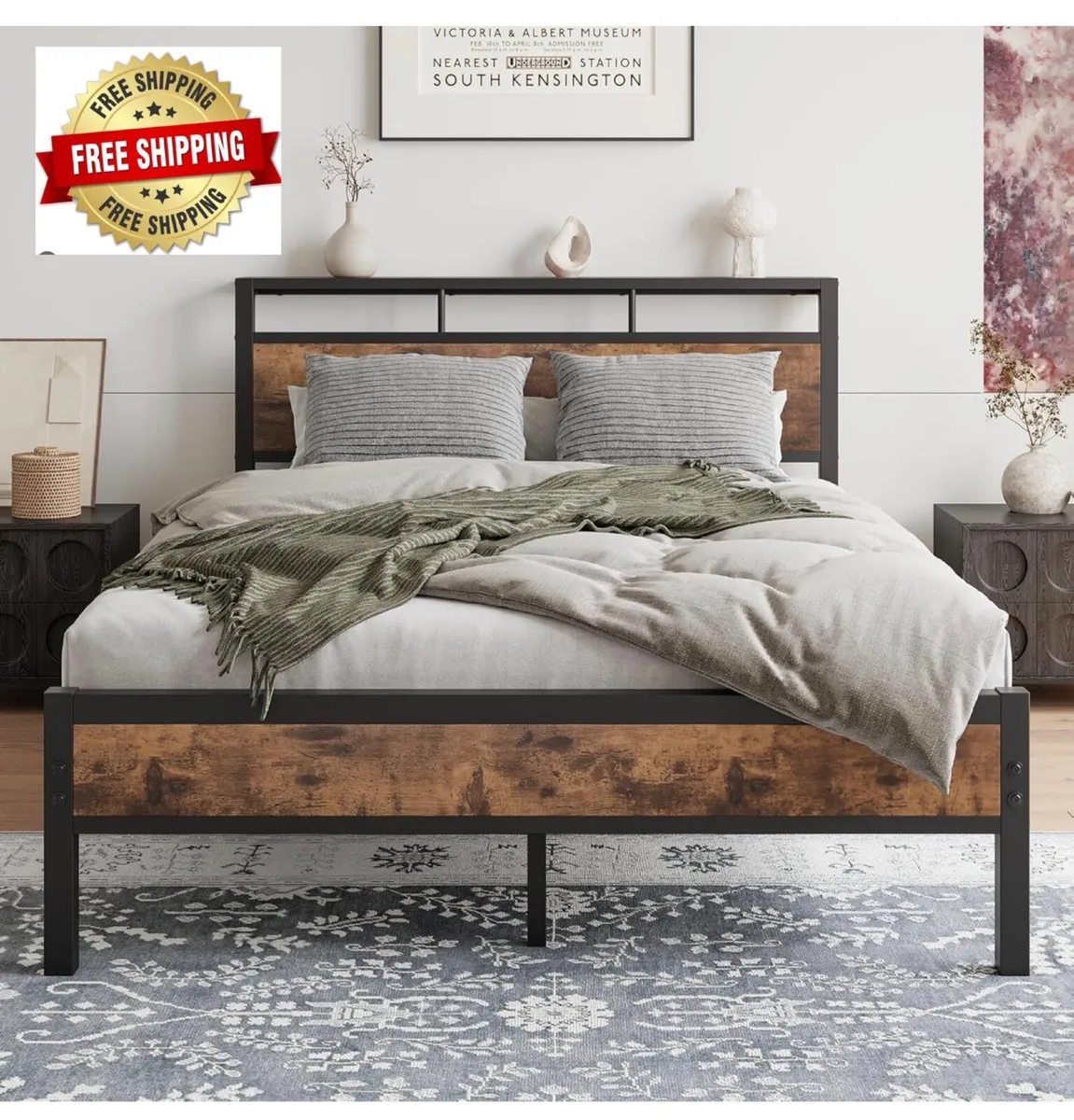 Double Bed Frame with Wooden Storage Shelf Headboa - Image 1