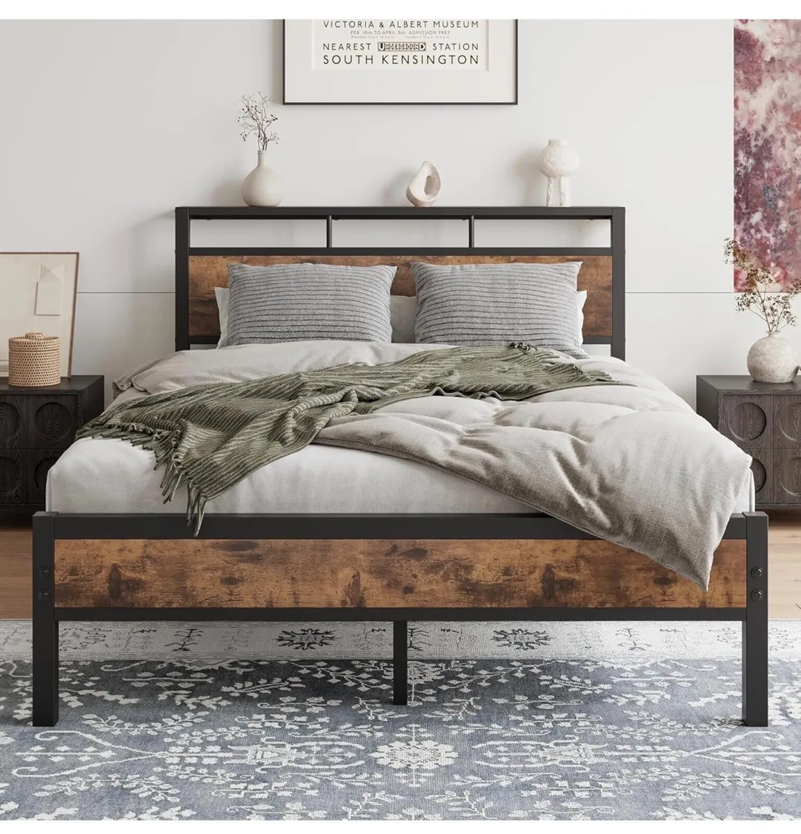 Double Bed Frame with Wooden Storage Shelf Headboa - Image 2