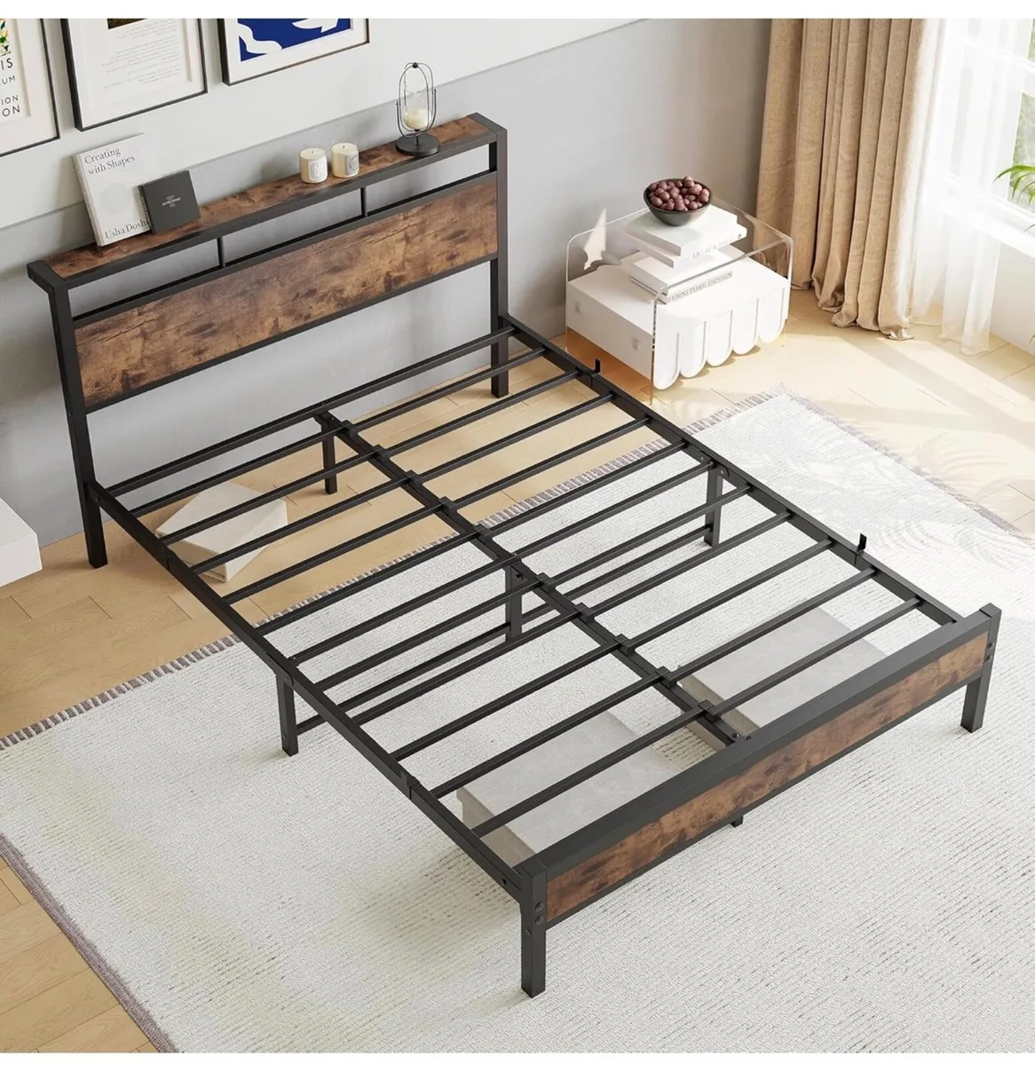 Double Bed Frame with Wooden Storage Shelf Headboa - Image 1