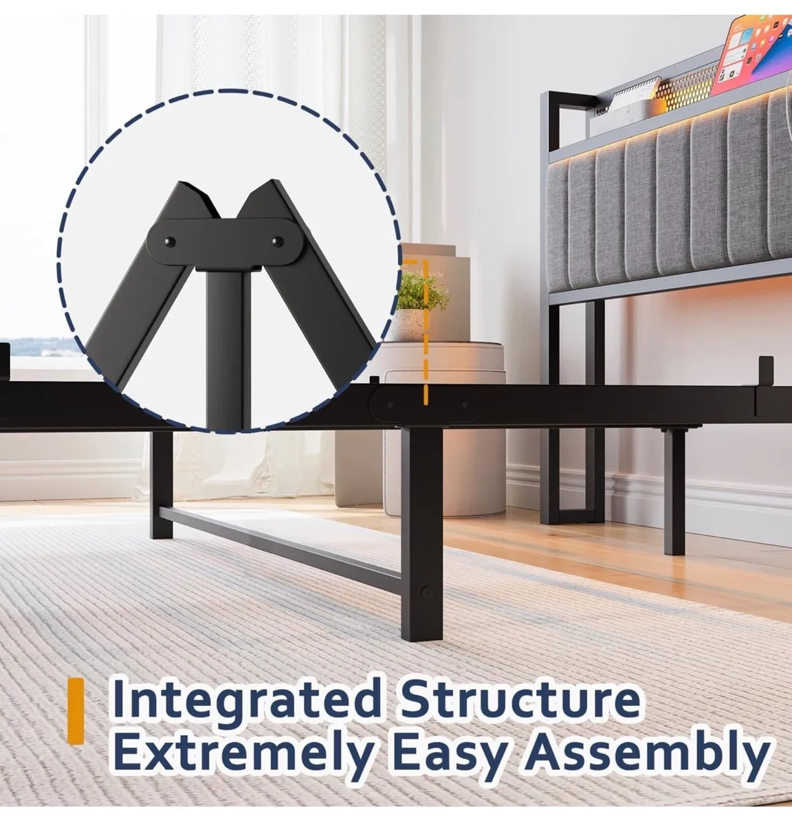 Single Bed Frame with Upholstered Headboard, Woode - Image 3