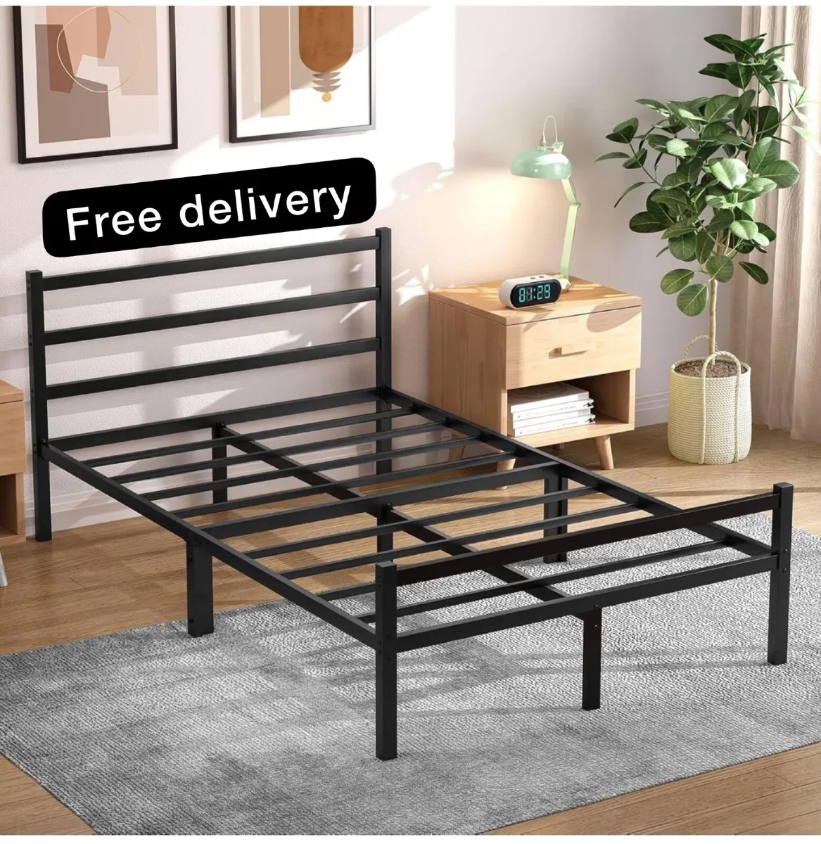Double Bed Frames with Headboard 4ft6 Black Metal - Image 1