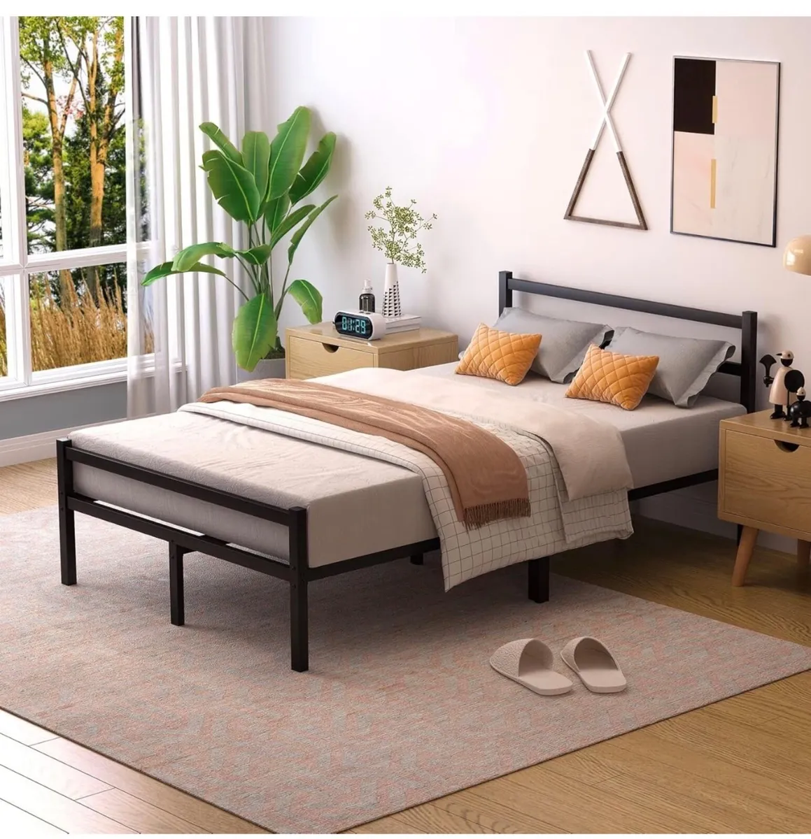 Double Bed Frames with Headboard 4ft6 Black Metal - Image 1