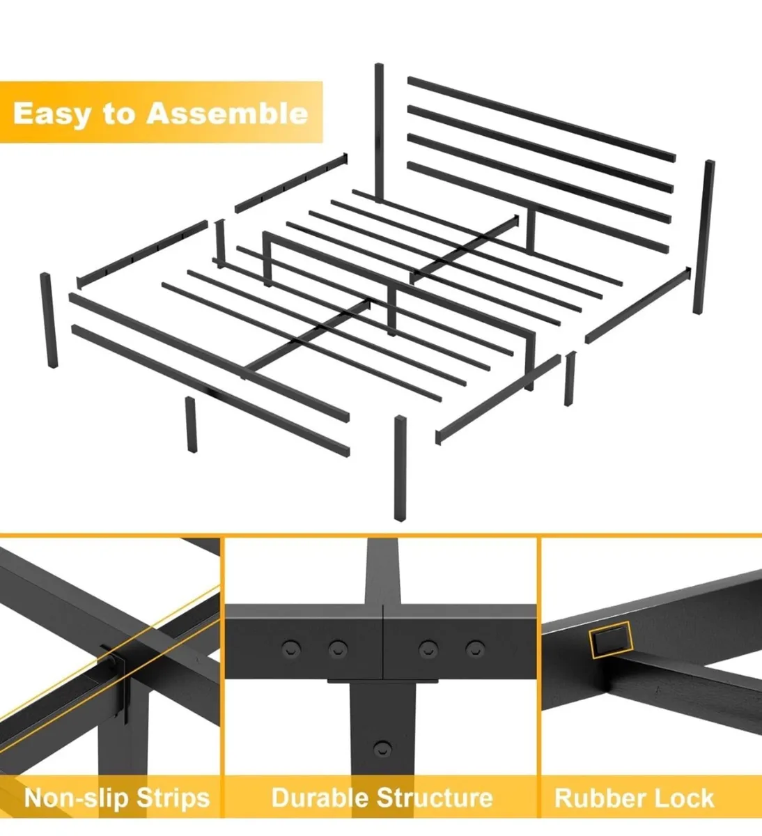 Double Bed Frames with Headboard 4ft6 Black Metal - Image 3