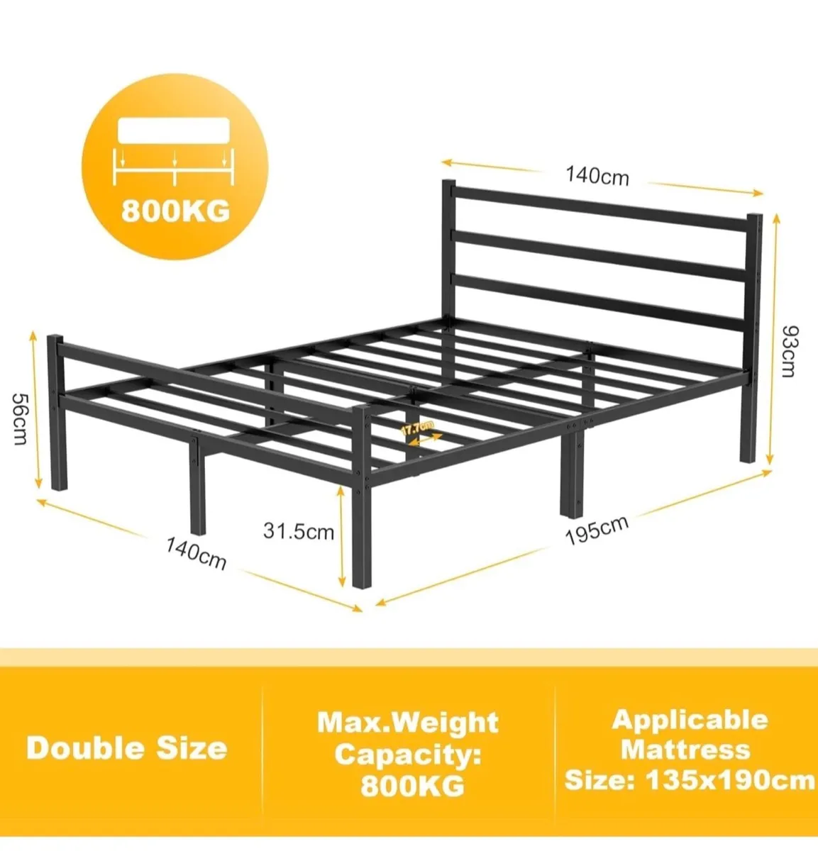 Double Bed Frames with Headboard 4ft6 Black Metal - Image 4