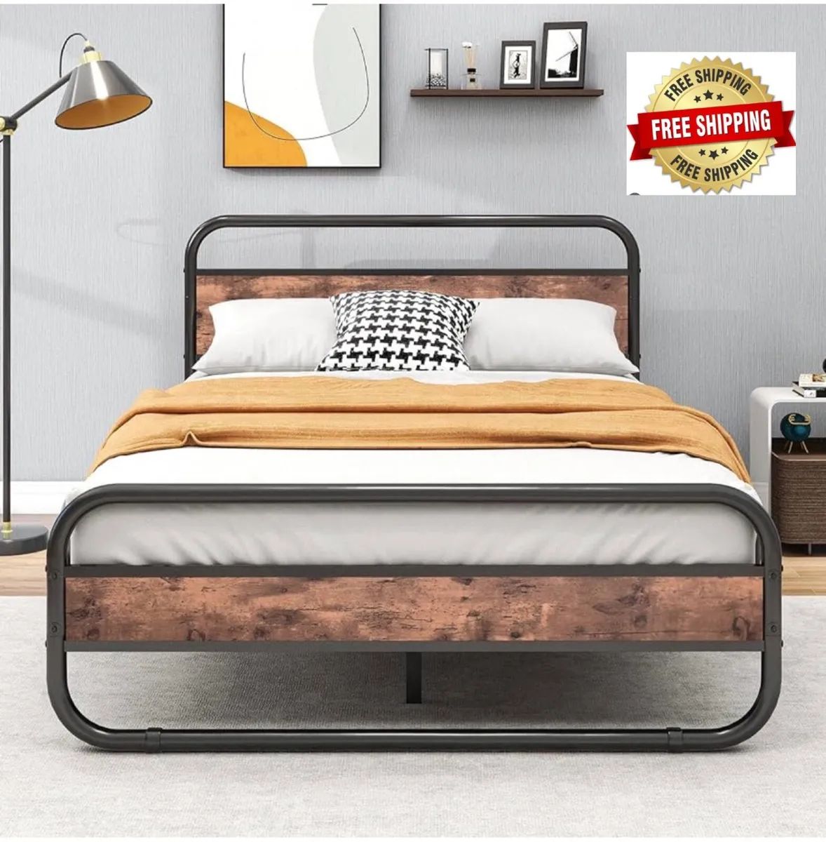 Double Size Bed Frame with Headboard,Oval-Shaped P - Image 1