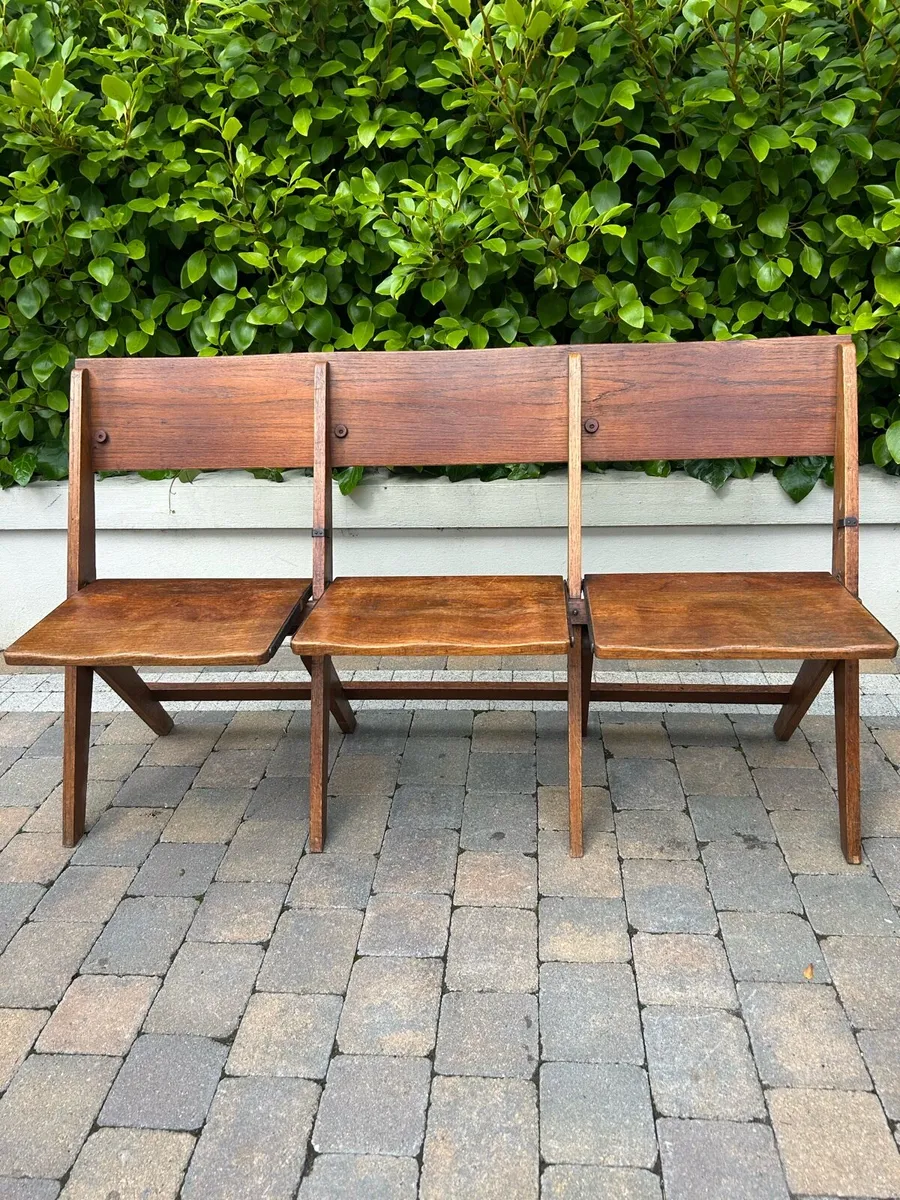 Antique oak church flip seat benches - Image 1