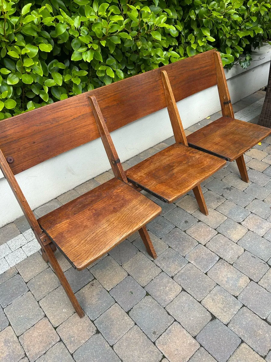 Antique oak church flip seat benches - Image 2