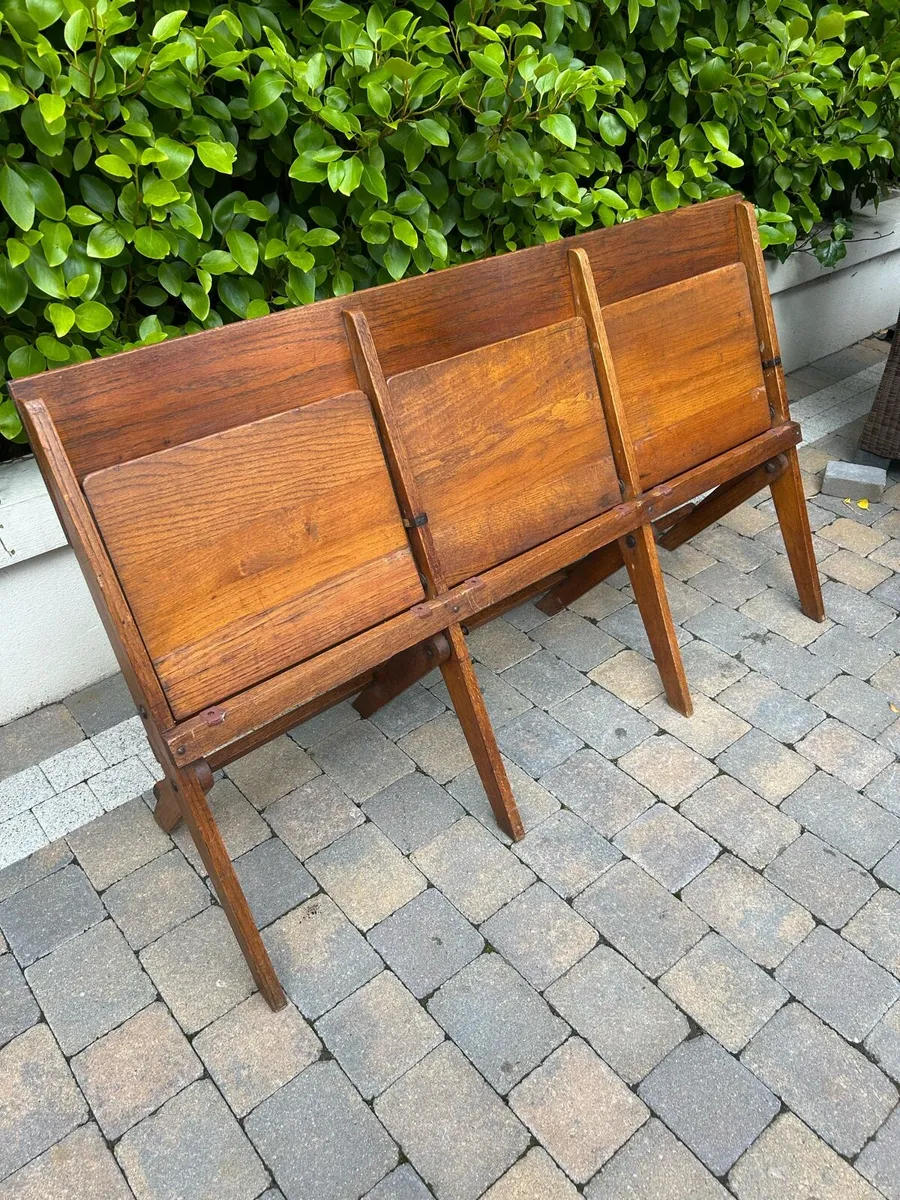 Antique oak church flip seat benches - Image 3