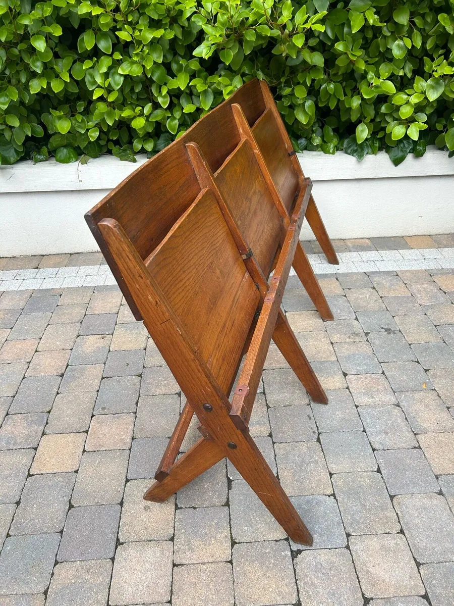 Antique oak church flip seat benches - Image 4