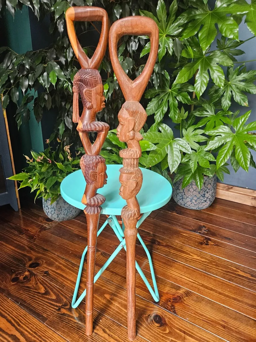 2 African Hardwood Timber carved walking sticks - Image 1