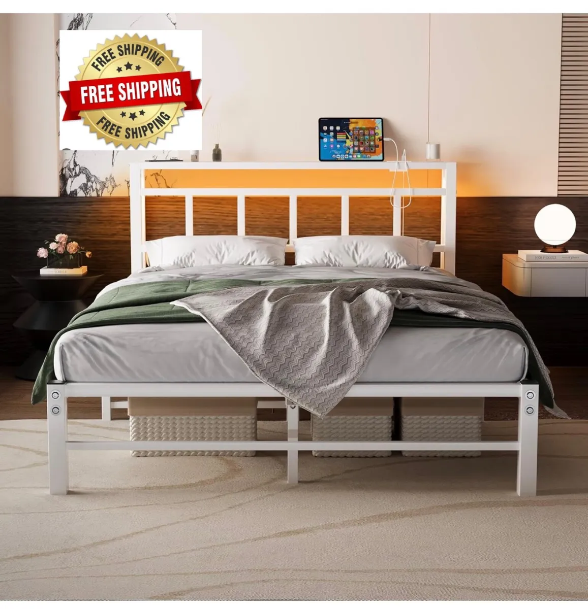 Double Bed Frame with Storage Headboard,4ft6 Bed F - Image 1