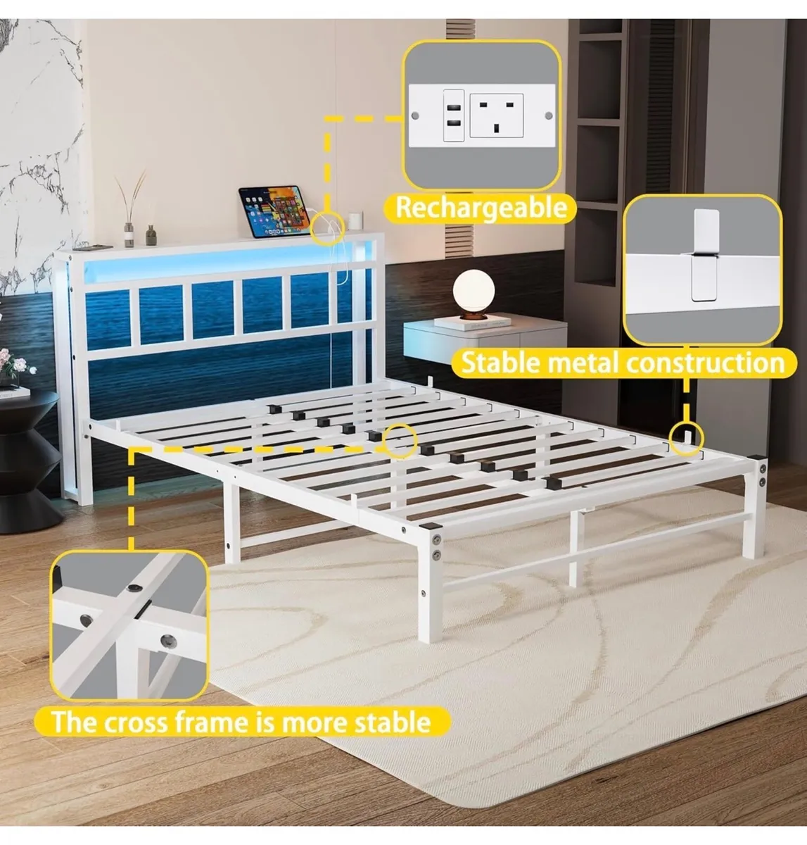 Double Bed Frame with Storage Headboard,4ft6 Bed F - Image 3