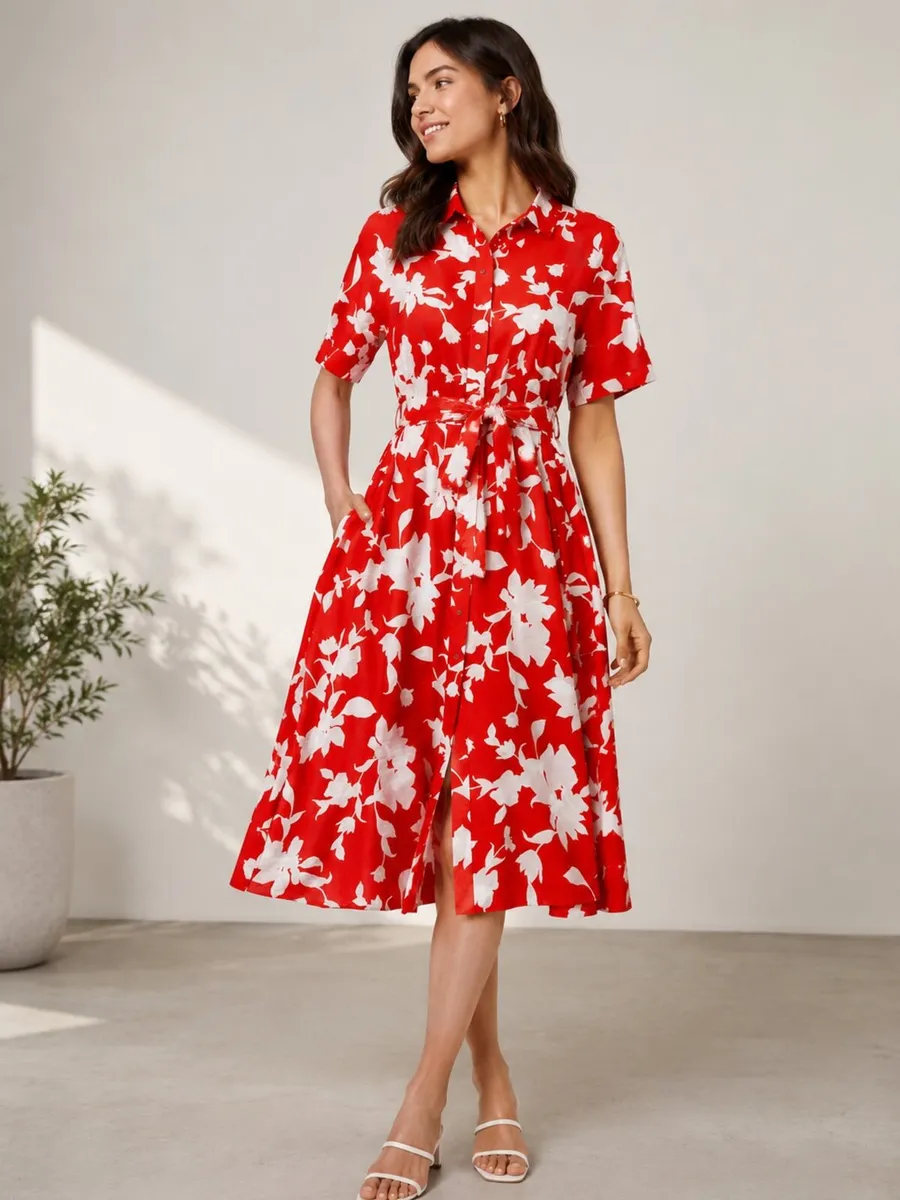 NEW Red and white floral print dress: Size 14 - Image 1