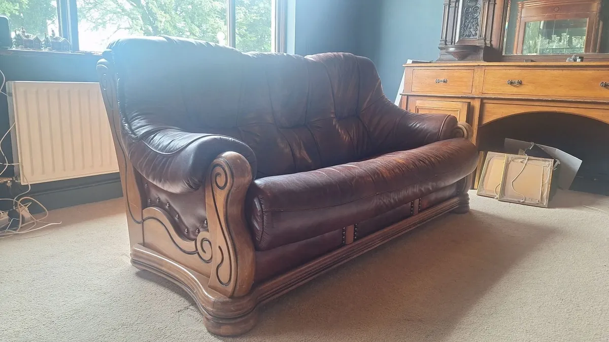 Brown Leather Sofa & 2 Matching Armchairs - Image 4