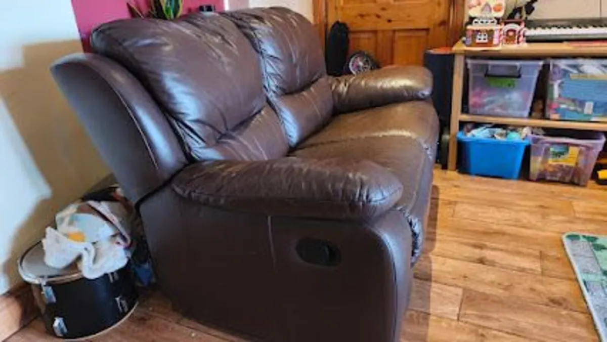 Two Seater Reclining Brown Leather Couch Recliner - Image 1