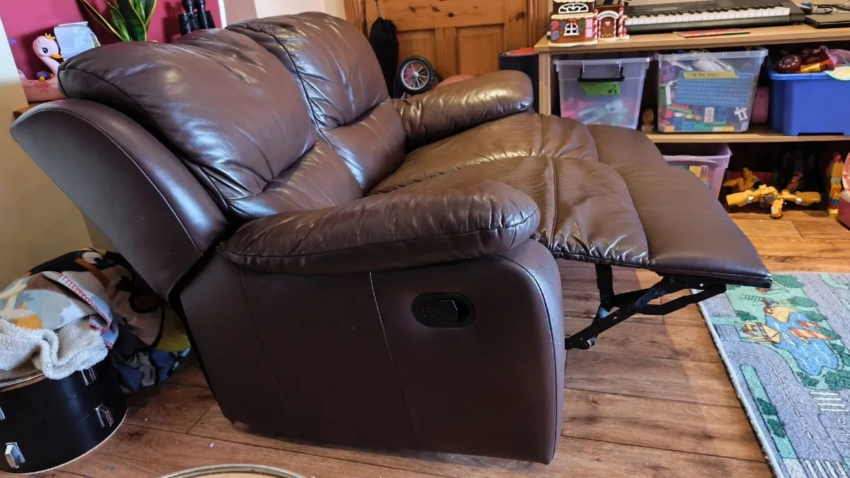 Two Seater Reclining Brown Leather Couch Recliner - Image 2