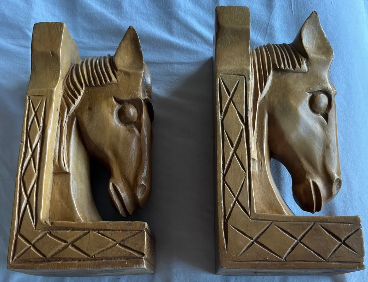Vintage Carved Wooden Horse Head Bookends 1960’s - Image 1