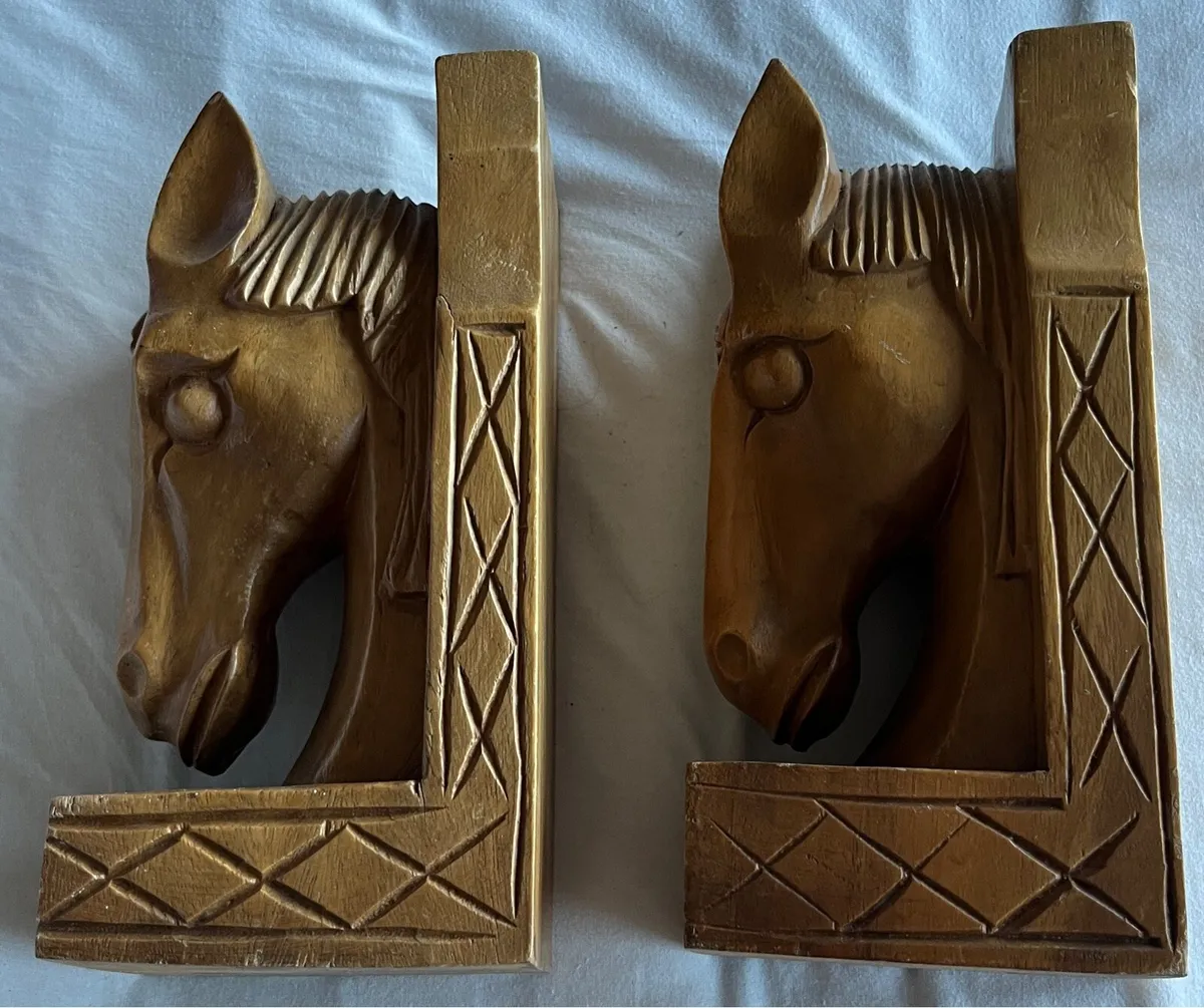Vintage Carved Wooden Horse Head Bookends 1960’s - Image 3