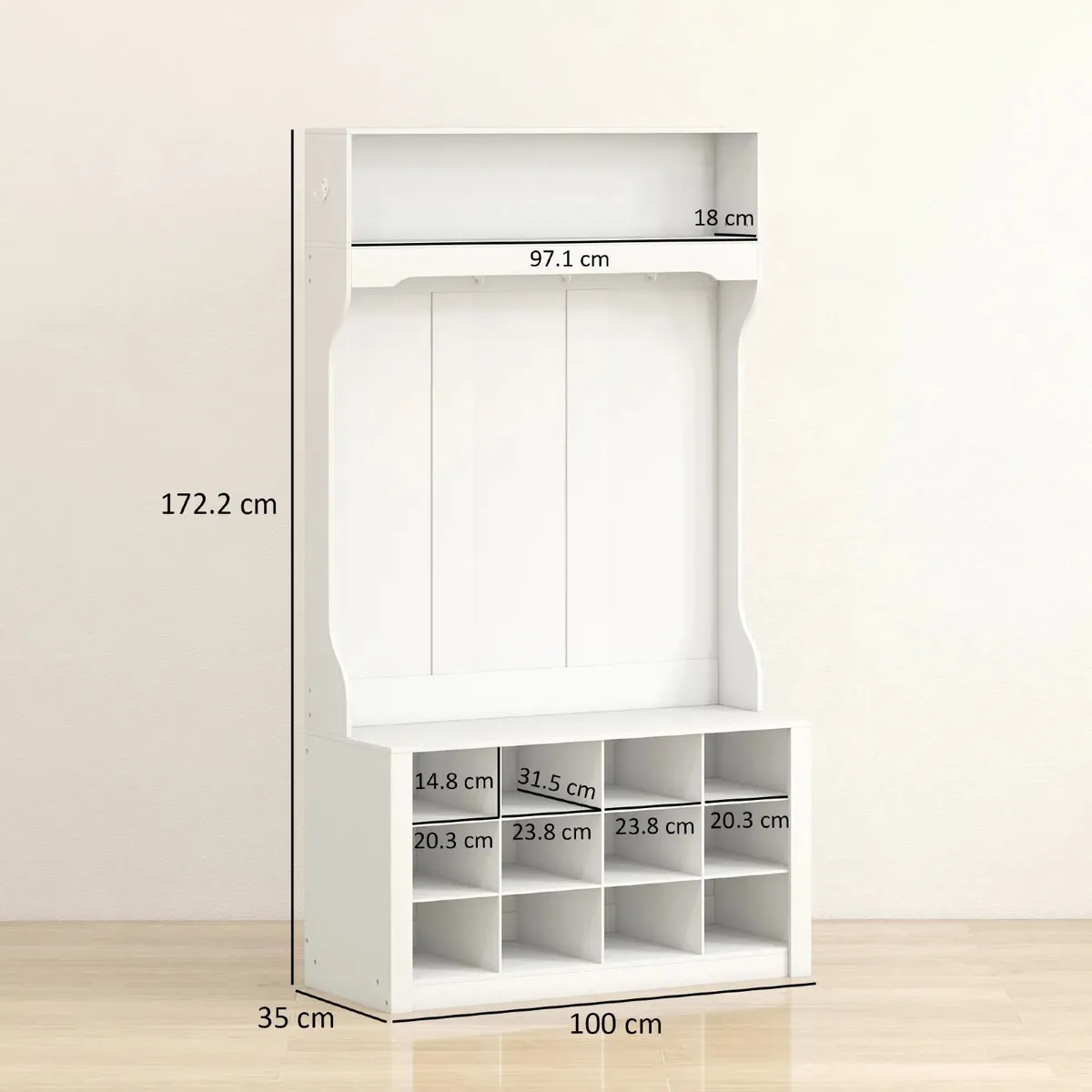 Coat Rack with Shelf & Bench - Shoe Cubbies - Mult - Image 2