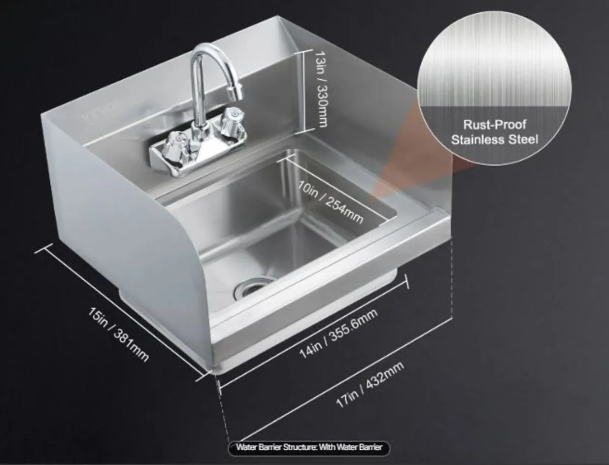 17 x 12.8in Stainless Steel Hand Sink - Wall Mount - Image 2