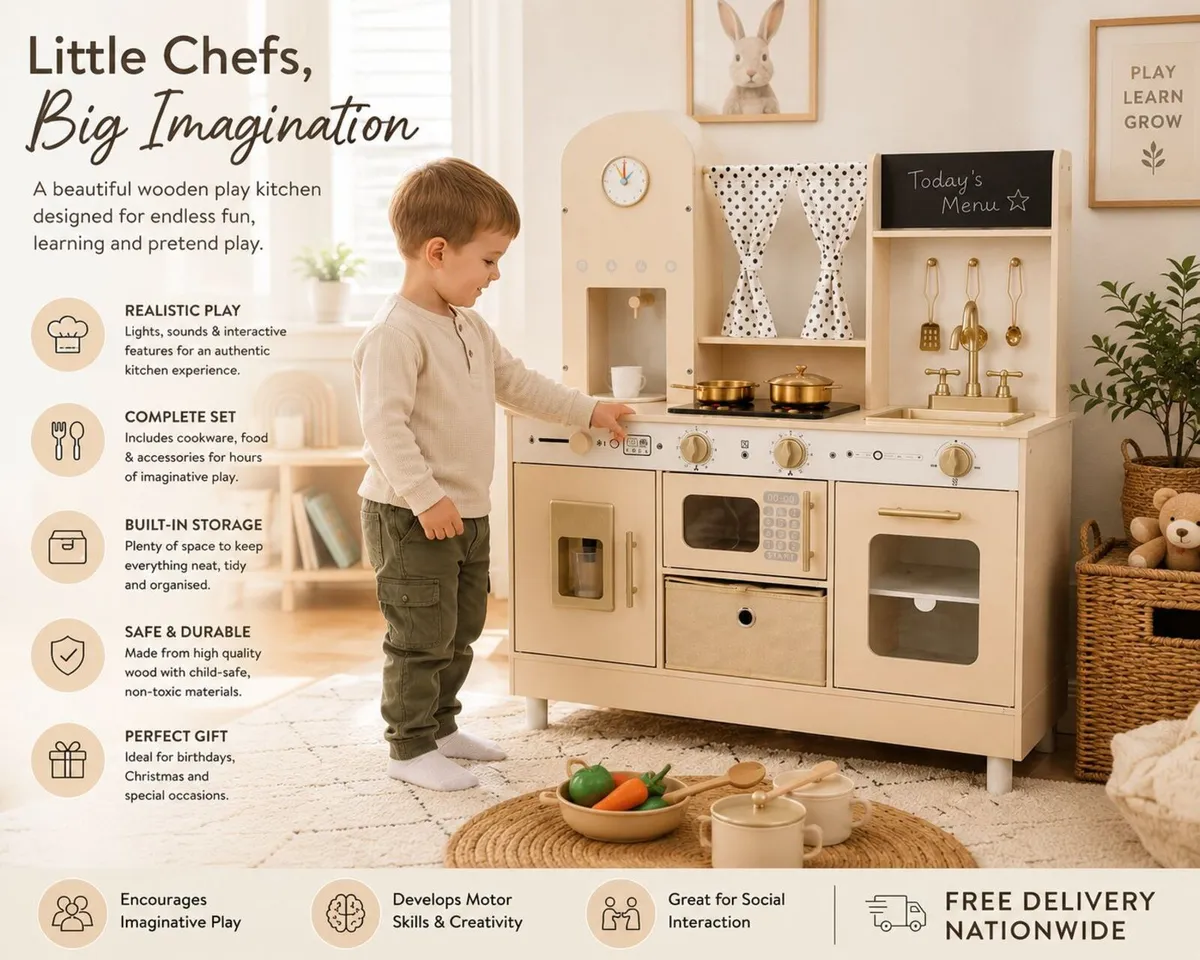 Wooden Kids Play Kitchen with Lights and Sounds Cr - Image 2