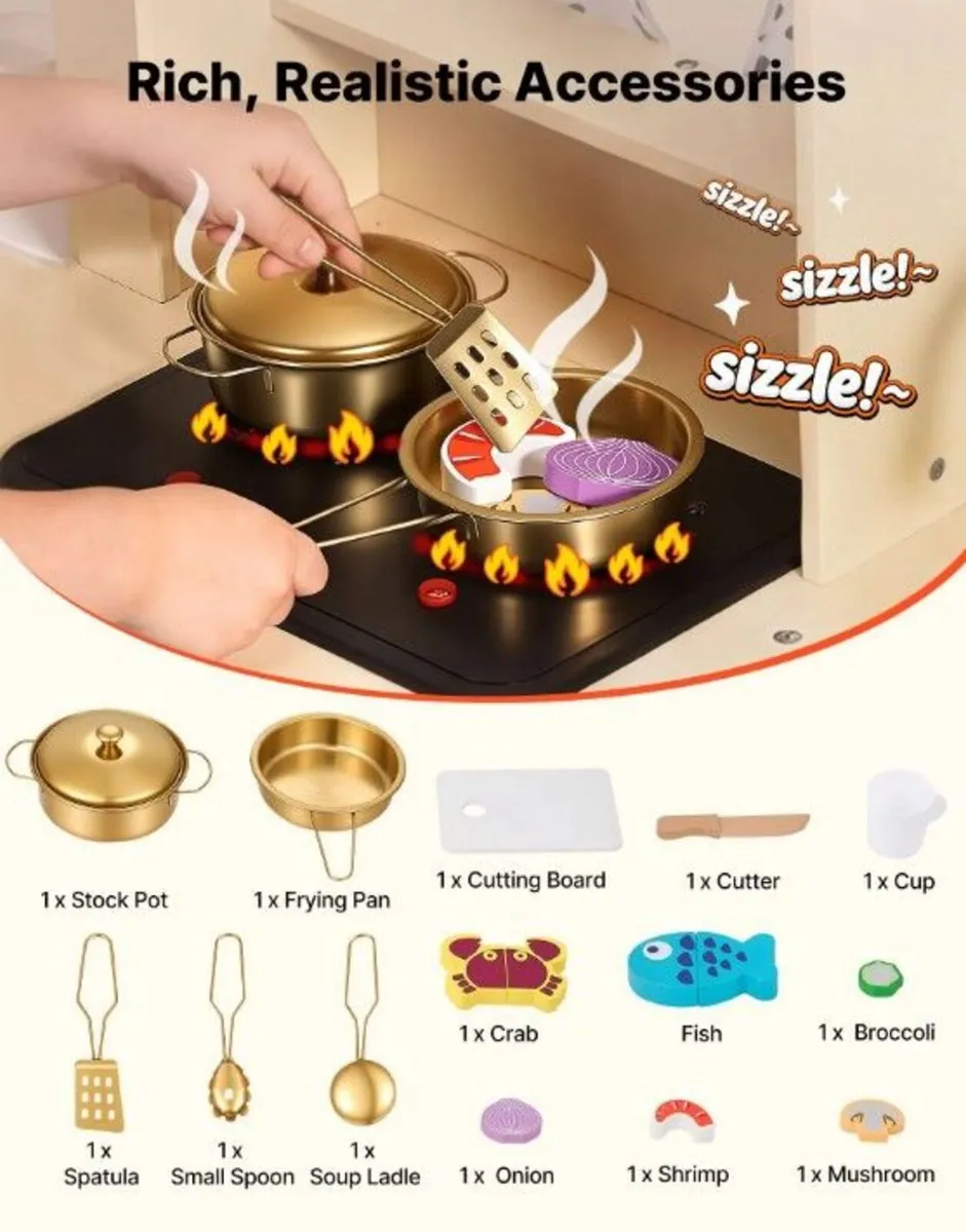 Wooden Kids Play Kitchen with Lights and Sounds Cr - Image 3