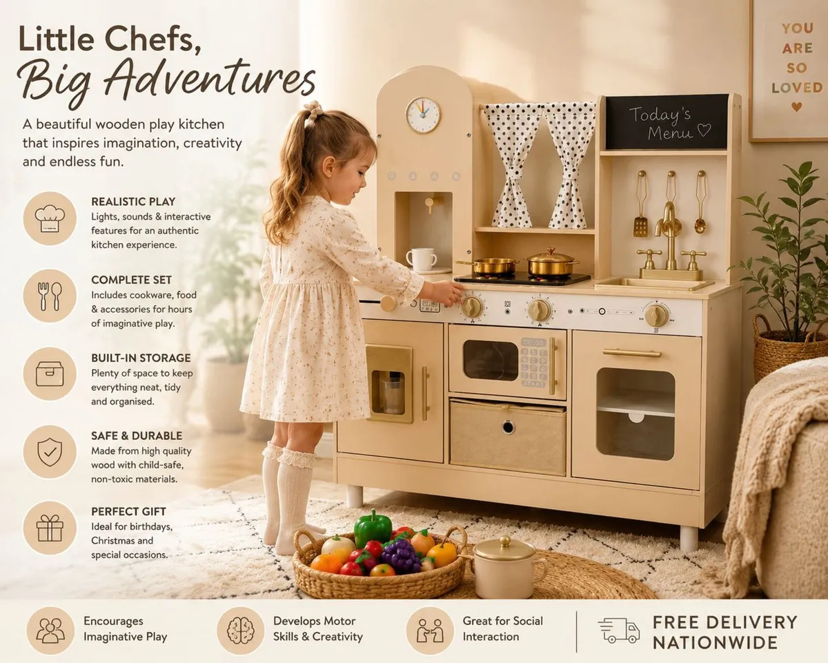 Wooden Kids Play Kitchen with Lights and Sounds Cr - Image 1
