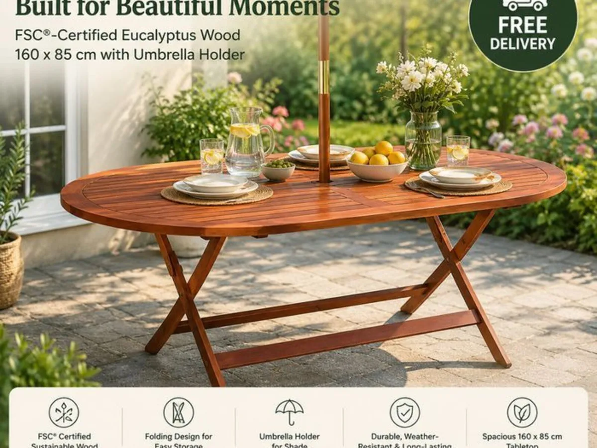 Large Foldable Wooden Garden Table 160cm - Image 2