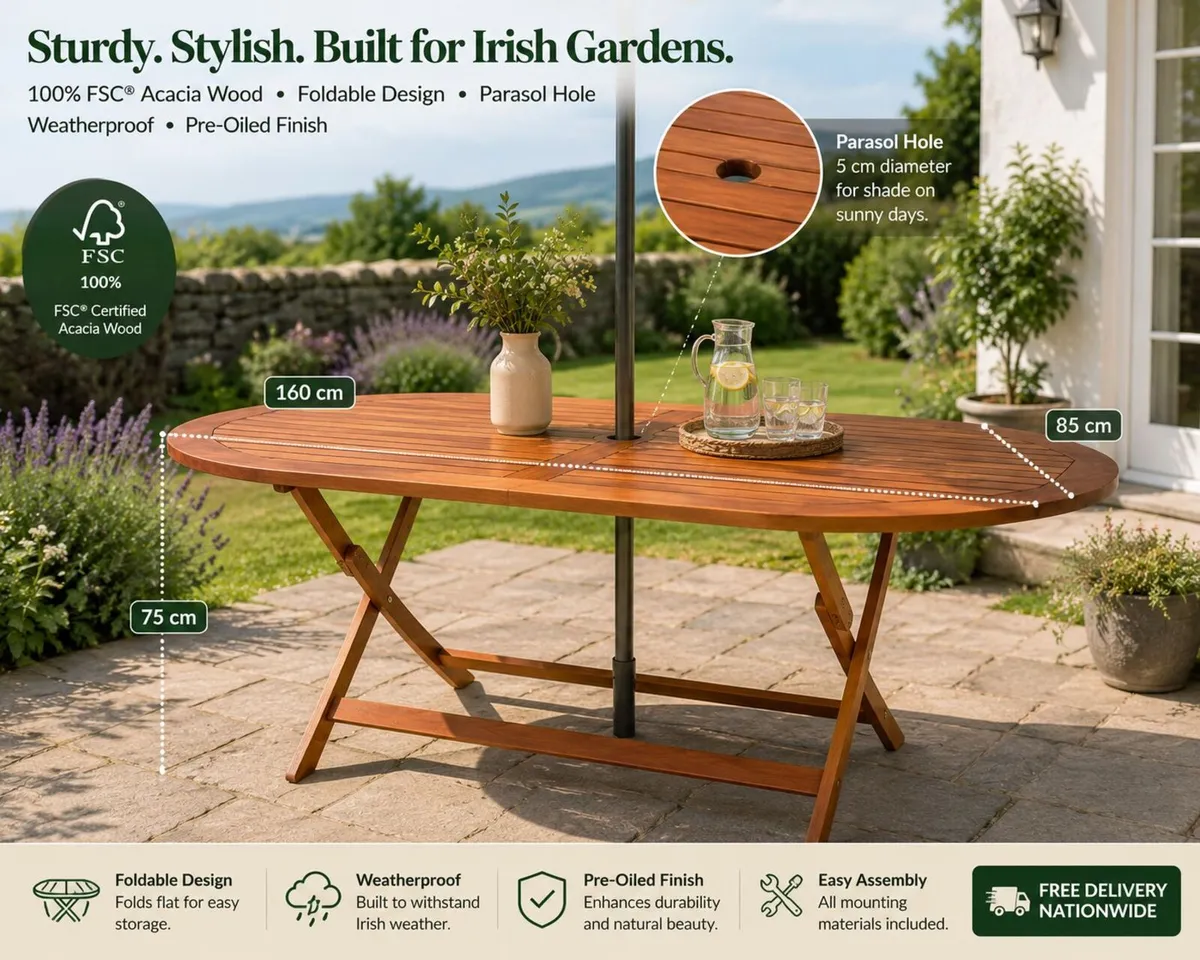 Large Foldable Wooden Garden Table 160cm - Image 1