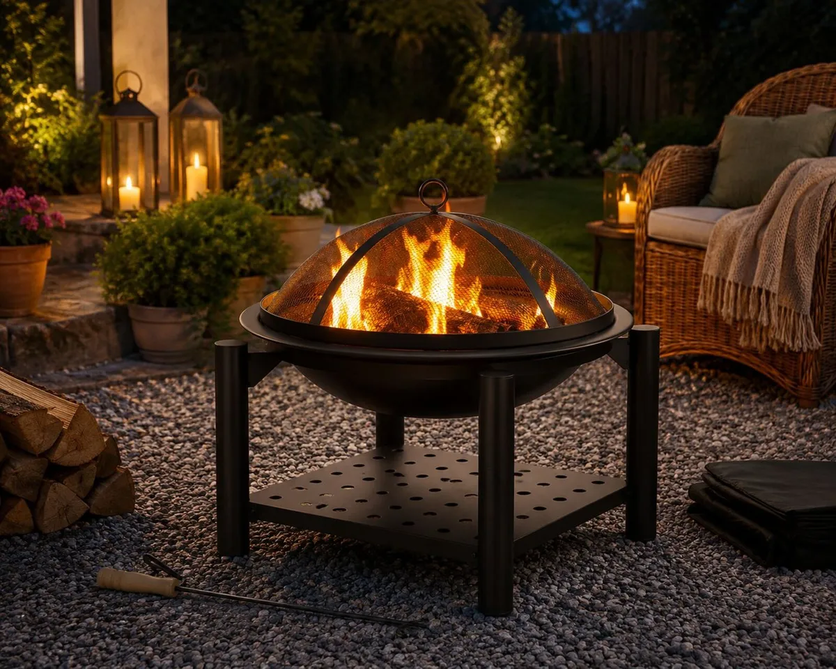 Fire Bowl with Spark Protection Cover Poker BBQ Ro - Image 1
