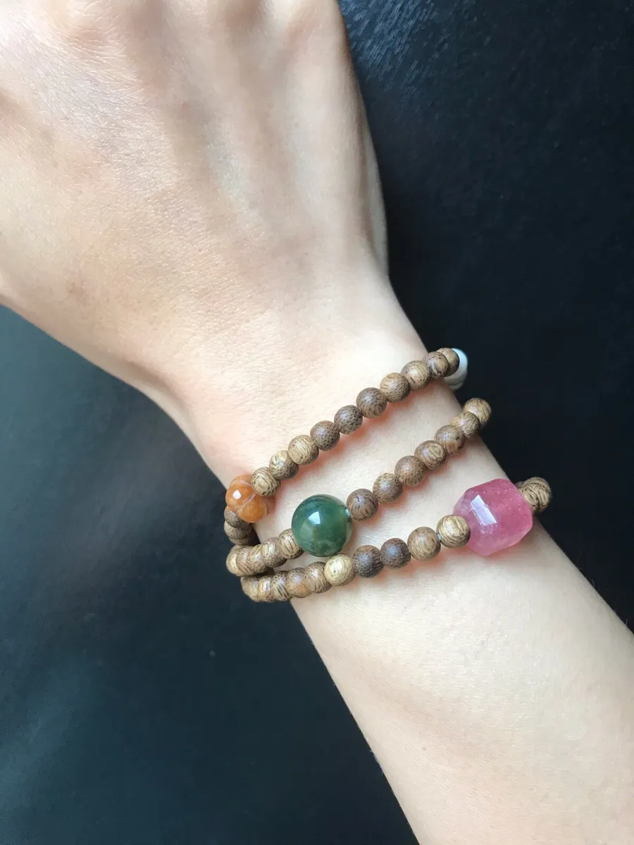 Agarwood & Gemstone Wrap Mala – Necklace or 3-Wrap - Image 2