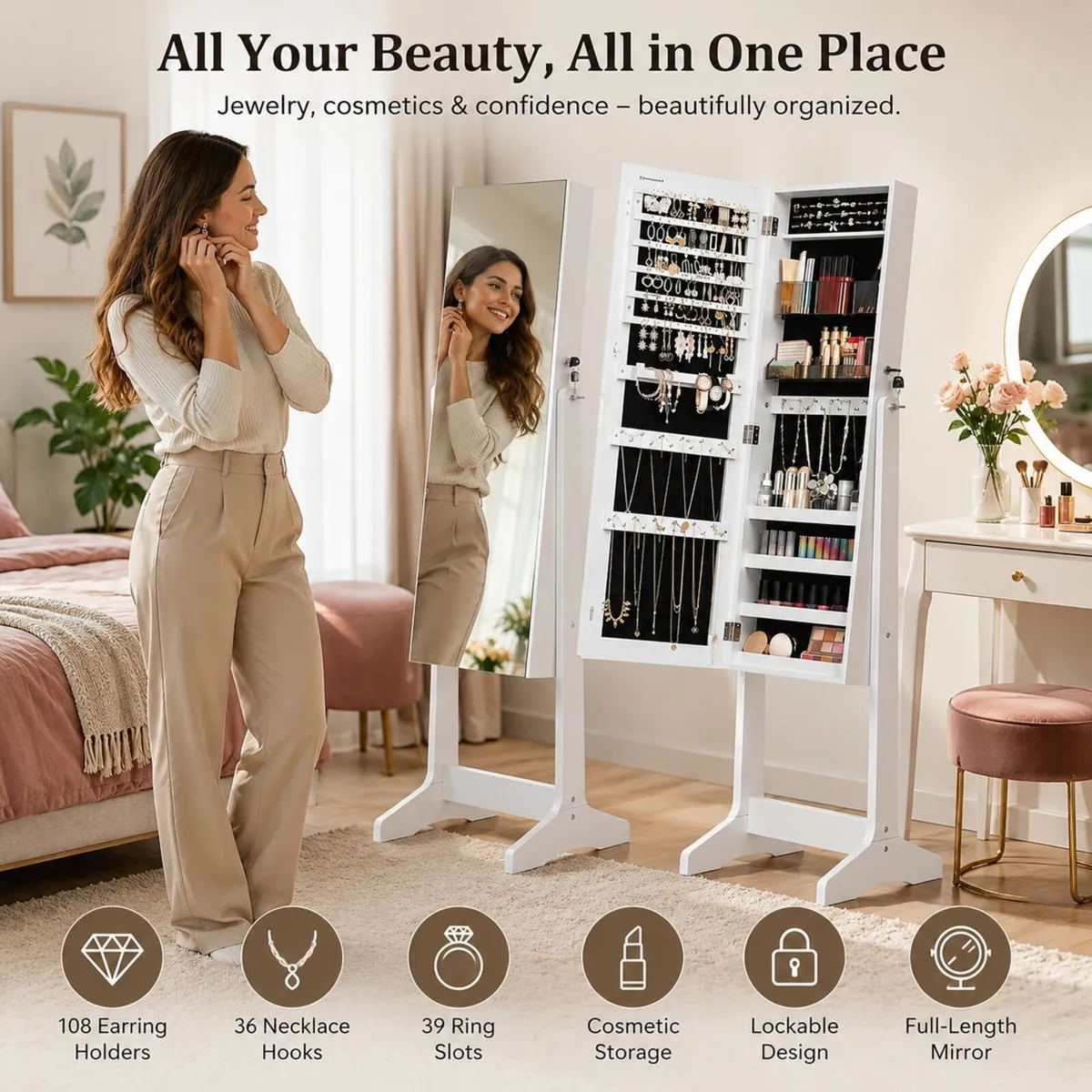 White Freestanding Jewellery Cabinet with Full-Len - Image 1