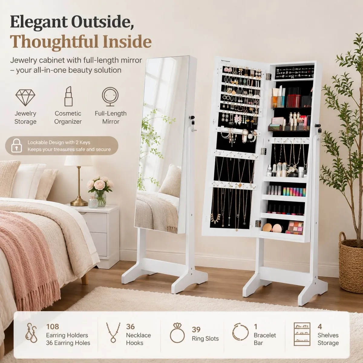 White Freestanding Jewellery Cabinet with Full-Len - Image 2