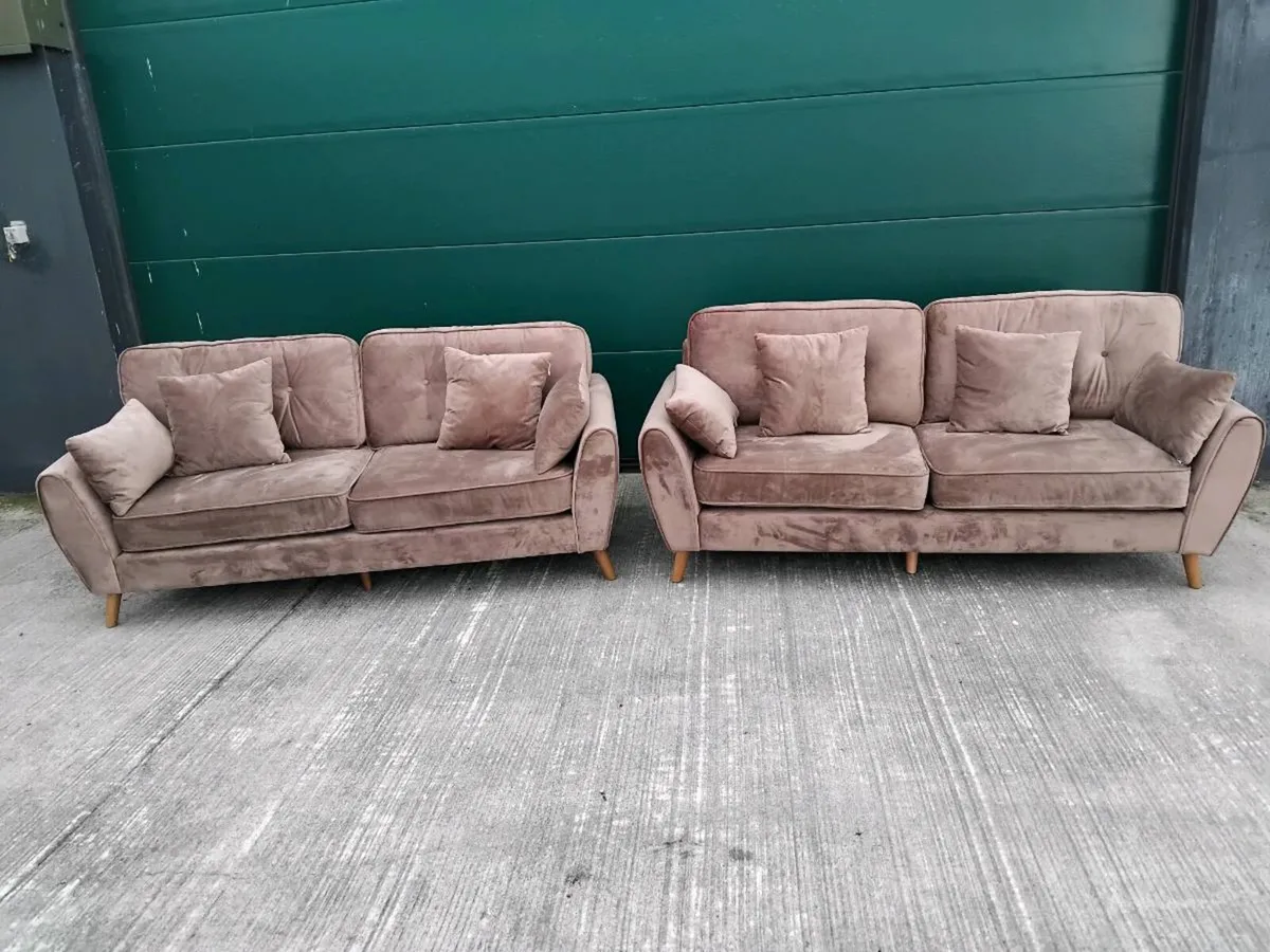 Pair fabric brown 3 seater sofas 2 mtre long - Image 1