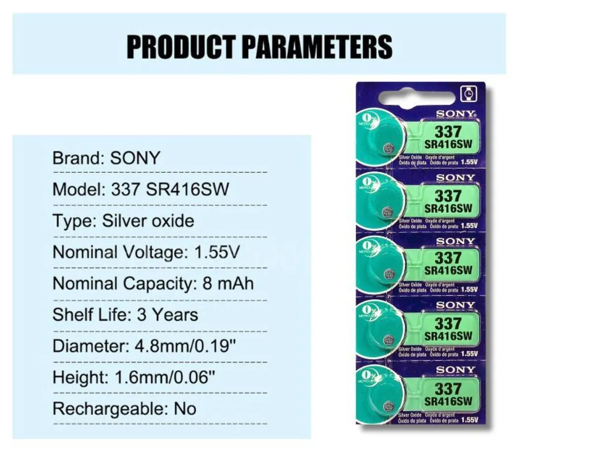 Sony 337 SR416SW Watch Batteries 1.55V 5 Pack - Image 4