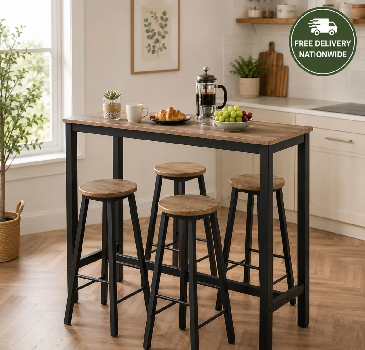 Industrial Bar Table & 4 Stool Set Space Saving Br - Image 1
