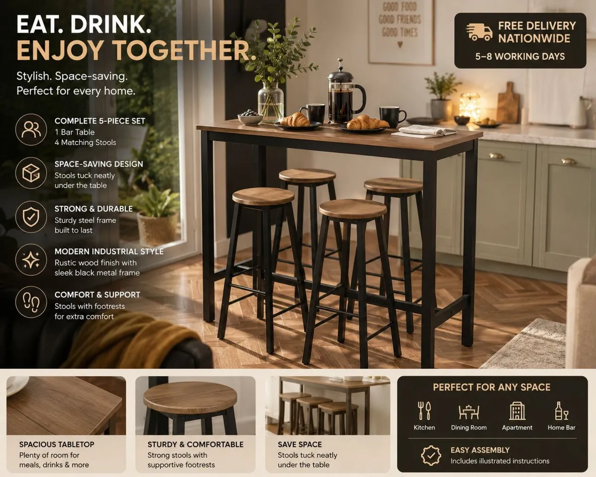 Industrial Bar Table & 4 Stool Set Space Saving Br - Image 2