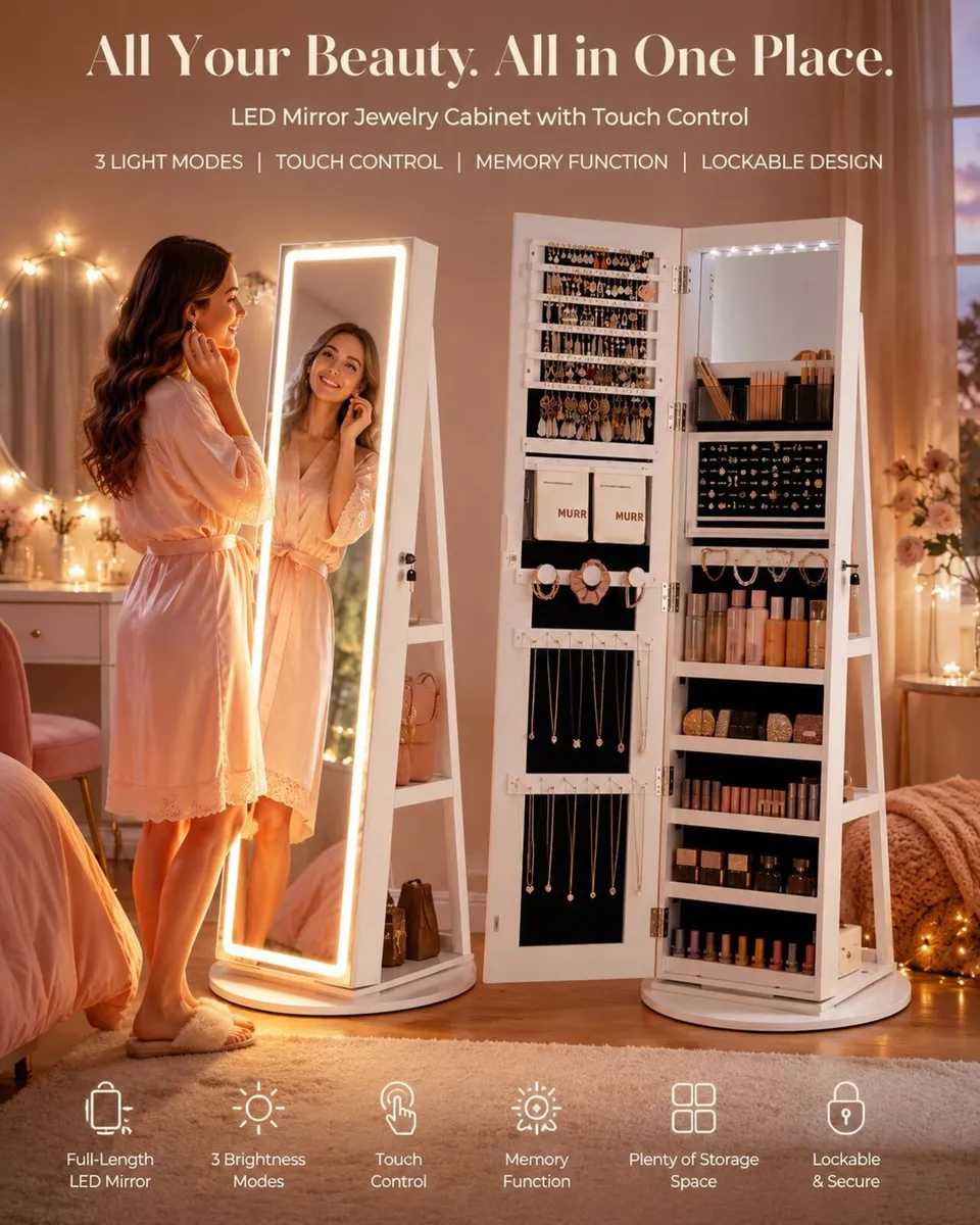 Full Length Mirror Jewellery Cabinet with LED Ligh - Image 1