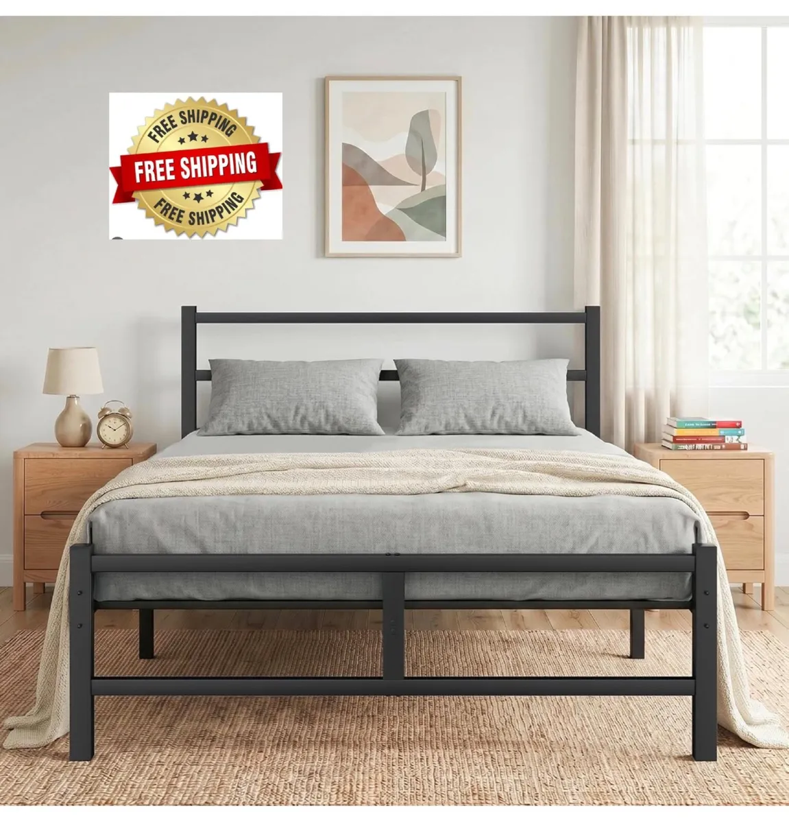 Double Bed Frame, 4ft6 All Metal Slats Support Pla - Image 1
